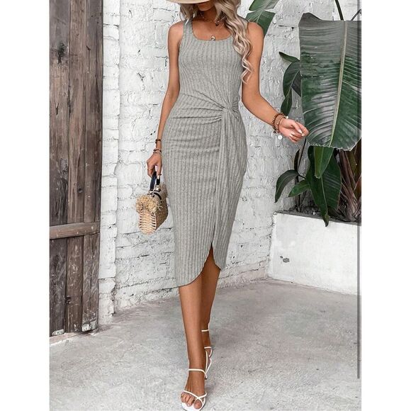 NEW Tank Ribbed Knit Twist Front Wrap Asymmetrical Hem Midi Dress S - Picture 5 of 7